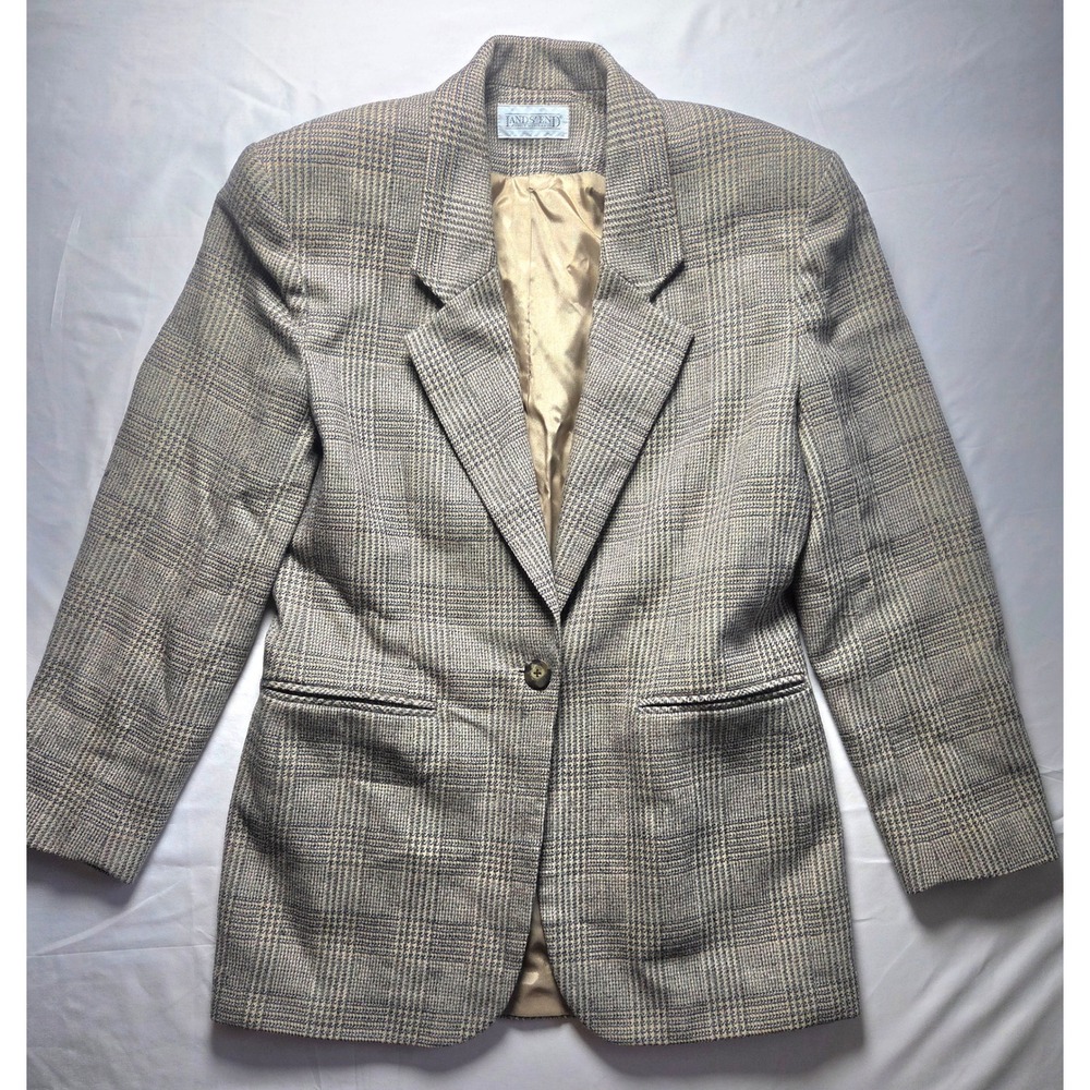 Lands End Vintage 100% Wool Glen Plaid Blazer Tan Brown Size 6 Made in USA